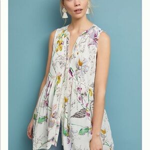 Anthropologie Nia White Floral Button-Down Tunic Top Size 3x High-Low Hem